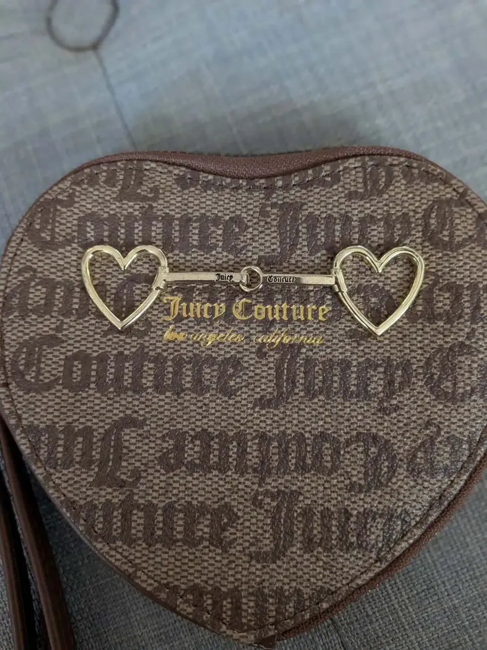 Juicy Couture Brown Gothic Logo Heart Wristlet Coin Purse Pouch